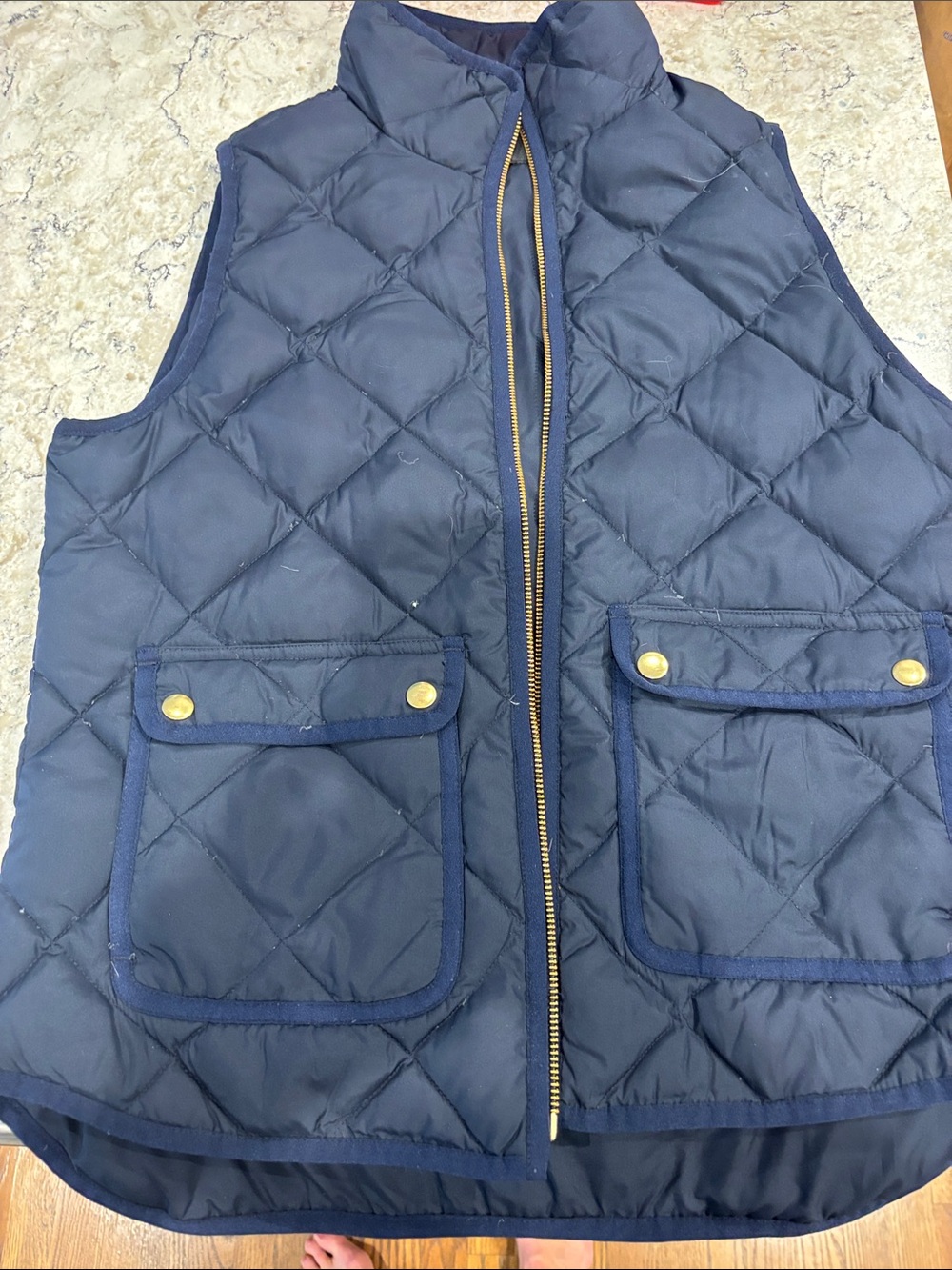J. Crew Navy Quilted Puffer Vest with Gold-Tone Hardware